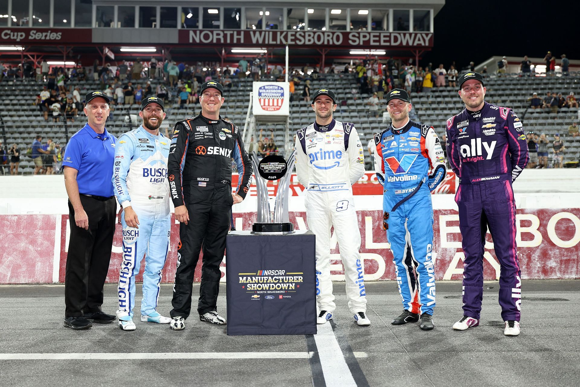 (L-R) NASCAR Manufacturer Showdown drivers, Ross Chastain, Kyle Busch, Chase Elliott, William Byron, and Alex Bowman after the NASCAR Cup Series All-Star Race. Source: Getty